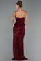 Bordo Straplez Bacak Dekolteli Uzun Pullu Abiye Elbise ABU6503