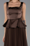 Kahve Saten Kare Yaka Peplum Uzun Şifon Abiye Elbise ABU6568