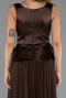 Kahve Saten Kare Yaka Peplum Uzun Şifon Abiye Elbise ABU6568