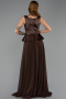 Kahve Saten Kare Yaka Peplum Uzun Şifon Abiye Elbise ABU6568