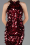 Bordo Halter Yaka Midi Pullu Abiye Elbise ABU6676