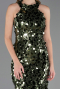 Haki Halter Yaka Midi Pullu Abiye Elbise ABU6676