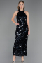 Lacivert Halter Yaka Midi Pullu Abiye Elbise ABU6676