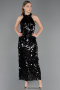 Siyah Halter Yaka Midi Pullu Abiye Elbise ABU6676