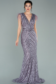 Lila Uzun Pul İşlemeli Otrişli Abiye Elbise ABU881
