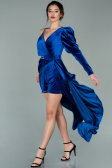 Saks Mavi Tek Kol Kuyruklu Uzun Kadife Abiye Elbise ABU2074