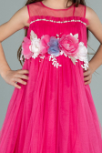 Fuşya Çiçek İşlemeli Uzun Kız Çocuk Abiye ABU2291