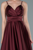 Bordo İp Askılı Bel Kemerli Saten Uzun Abiye ABU2375