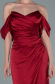 Bordo Straplez Yırtmaçlı Midi Saten Abiye Elbise ABK1404