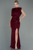 Bordo Halter Yaka Yırtmaçlı Uzun Pullu Abiye ABU2752