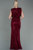 Bordo Halter Yaka Yırtmaçlı Uzun Pullu Abiye ABU2752