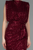 Bordo Halter Yaka Yırtmaçlı Uzun Pullu Abiye ABU2752