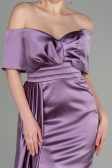 Lavanta Kayık Yaka Kuyruklu Uzun Saten Abiye ABU2893