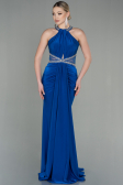 Saks Mavi Halter Yaka Uzun Saten Balık Abiye ABU2940
