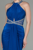 Saks Mavi Halter Yaka Uzun Saten Balık Abiye ABU2940