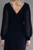 Lacivert Uzun Kol Bel İşlemeli Kuyruklu Şifon Abiye ABU3627