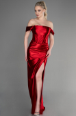 Kırmızı Kayık Yaka Bacak Dekolteli Uzun Saten Abiye ABU3611