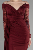 Bordo Simli Uzun Kol Bacak Dekolteli Abiye Elbise ABU3656
