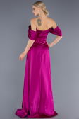 Violet Kayık Yaka Yırtmaçlı Uzun Saten Abiye ABU2661
