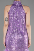 Lila Halter Yaka Otrişli Pul Payet Kısa Gece Elbisesi ABK2049