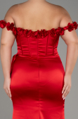 Kırmızı Çiçekli Kayık Yaka Uzun Büyük Beden Abiye ABU4046