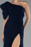 Lacivert Tek Omuz Bacak Dekolteli Uzun Şifon Balık Abiye ABU4091
