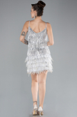 Gümüş Askılı Eteği Otrişli Kısa Püsküllü Davet Elbisesi ABK1629