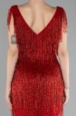 Kırmızı V Yaka Püsküllü Boncuk İşleme Mini Abiye Elbise ABK2199