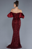 Bordo Straplez Uzun Pul Payet Balık Abiye ABU4308