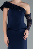 Lacivert Pullu Tek Omuz Kollu Peplum Detay Uzun Abiye ABU4730