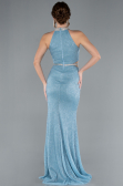 Buz Mavisi Halter Yaka Yırtmaçlı Uzun Simli Balık Abiye Elbise ABU4766