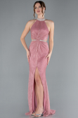 Pembe Halter Yaka Yırtmaçlı Uzun Simli Balık Abiye Elbise ABU4766
