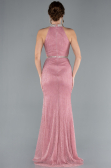 Pembe Halter Yaka Yırtmaçlı Uzun Simli Balık Abiye Elbise ABU4766