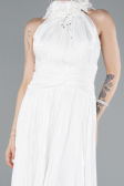 Ekru Halter Yaka Uzun Şifon Abiye Elbise ABU4811