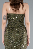 Haki Straplez Boncuklu Midi Davet Elbisesi ABK2260