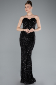 Siyah Tül Pelerinli Straplez Uzun Pullu Abiye ABU4910