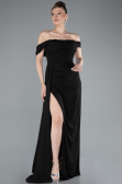 Siyah Kayık Yaka Yırtmaçlı Uzun Şifon Abiye Elbise ABU4925