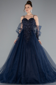 Lacivert Taş İşlemeli Uzun Tül Kol Özel Tasarım Abiye ABU2789