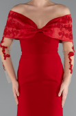 Kırmızı Güpürlü Kayık Yaka Uzun Kol Balık Abiye ABU4343