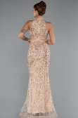 Gold Halter Yaka Boncuklu Uzun Balık Abiye ABU4791