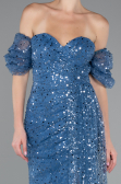 İndigo Straplez Yırtmaçlı Kol Aksesuarlı Uzun Pullu Abiye ABU5075