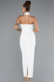 Ekru Halter Yaka Boncuklu Midi Davet Elbisesi ABK2399