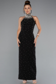 Siyah Halter Yaka Boncuklu Midi Davet Elbisesi ABK2399
