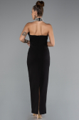 Siyah Halter Yaka Boncuklu Midi Davet Elbisesi ABK2399