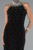 Siyah Halter Yaka Boncuklu Midi Davet Elbisesi ABK2399