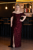 Bordo Kayık Yaka Yırtmaçlı Uzun Pullu Büyük Beden Abiye ABU4863