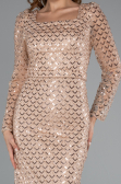 Gold Uzun Kol Kare Yaka Boncuklu Abiye Elbise ABU5165