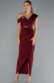 Bordo Tek Omuz Yırtmaçlı Midi Davet Elbisesi ABK2423