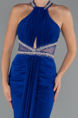 Saks Mavi Halter Yaka Bacak Dekolteli Uzun Abiye Elbise ABU5258