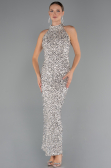 Bej Halter Yaka Midi Pul Payet Abiye Elbise ABU5247